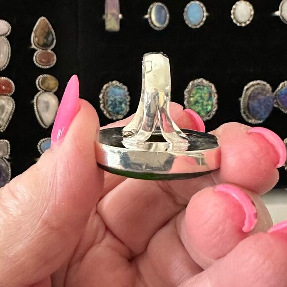 Green labradorite fire gemstone solid sterling silver substantial ring size 7.5 - Picture 6 of 9